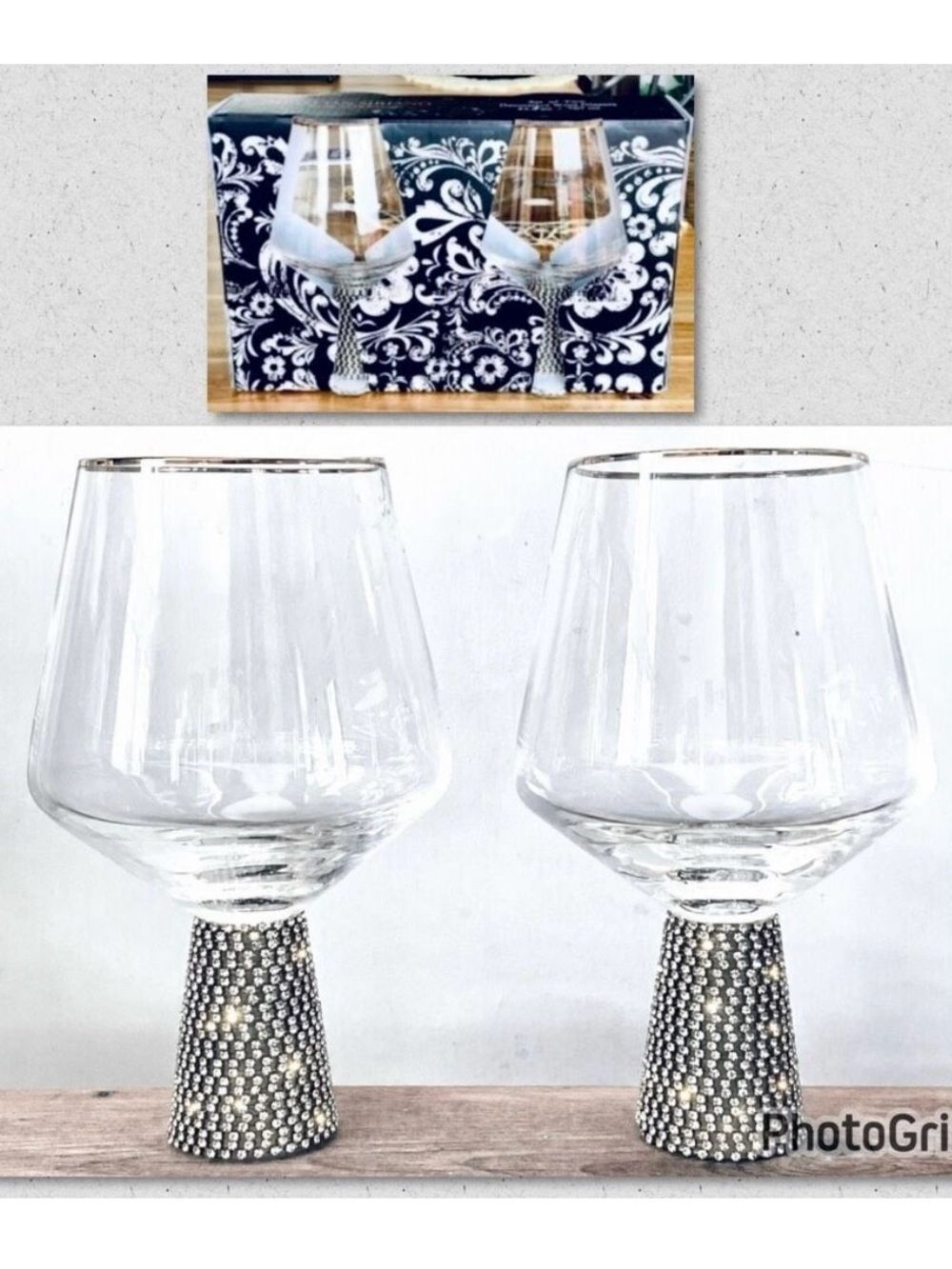 NWT Christian Siriano 2 decorative wine silver rhinestone stems glasses set